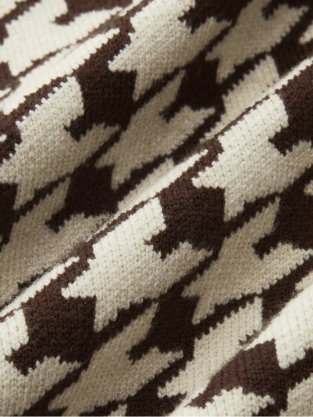 Commense Brown & Cream Houndstooth puff sleeve cropped knit Cardigan - Picture 3 of 9